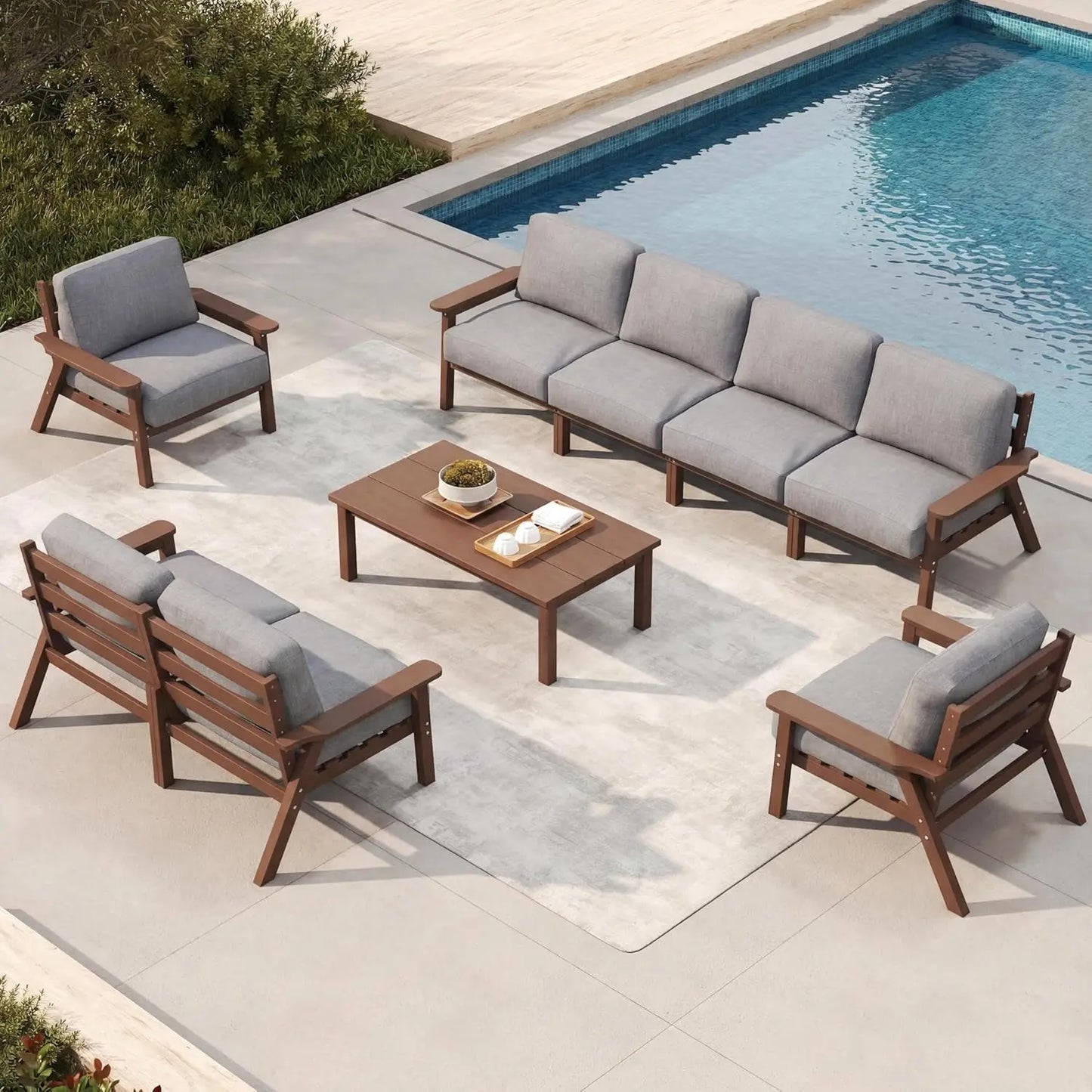 Patio Set 8 Seats, Outdoor Sectional, Beige Washable Thick Cushions, Coffee Table, Patio