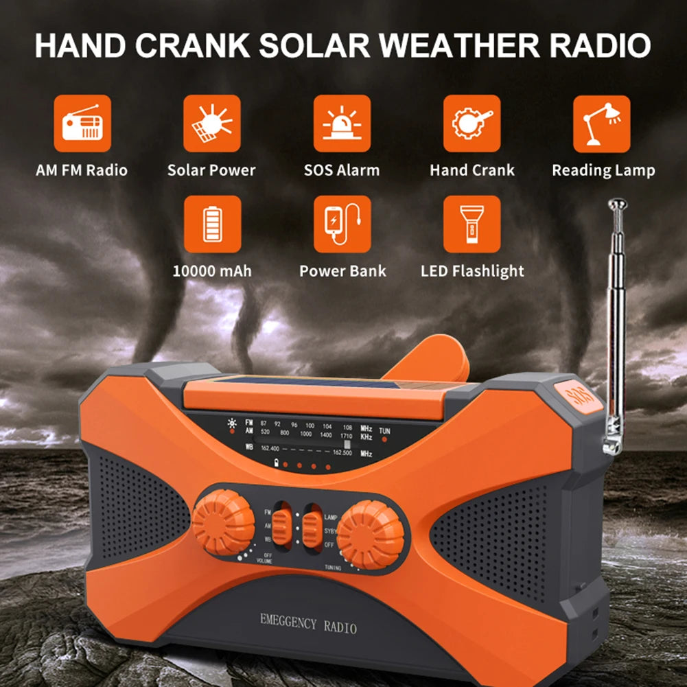 10000mAh charger High Capacity Emergency Radio Solar Hand Crank LED Flashlight SOS Alarm Survival