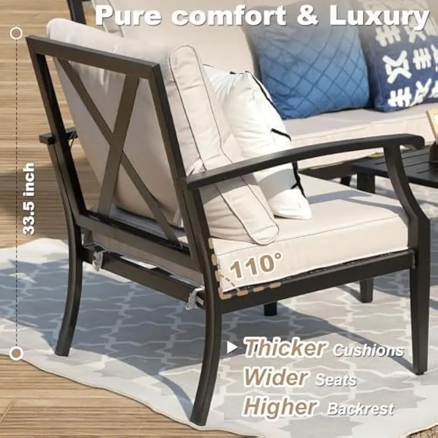 4-Piece Set, Wider Outdoor Metal Seating Sofa ,High Back & Loveseat, Coffee Table, All Weather Metal