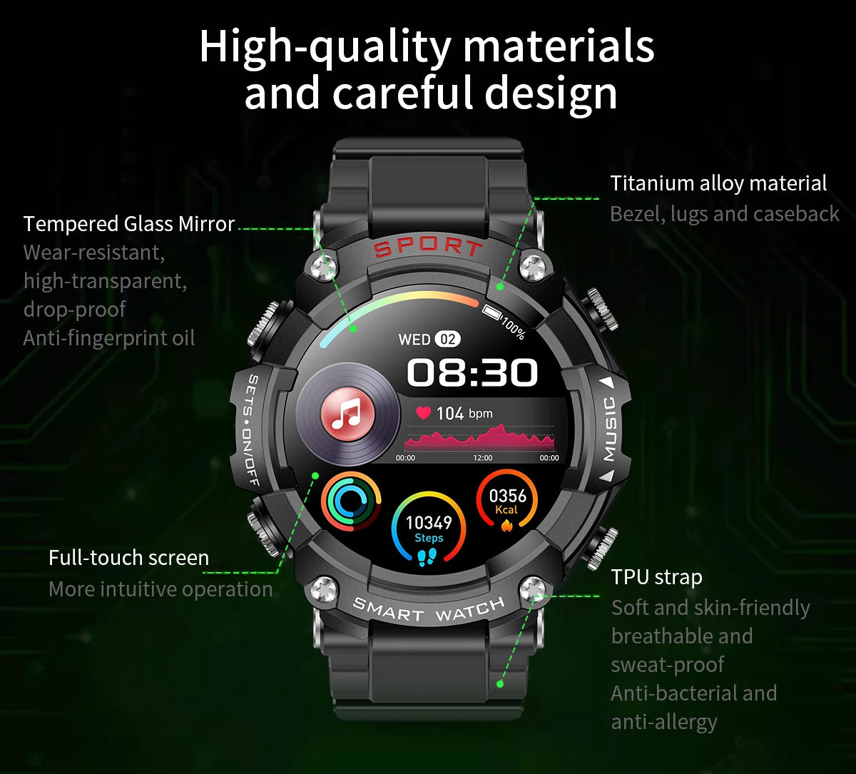 Smart Watch AMOLED Display In-Ear Bluetooth Headset Heart Rate Blood P, Oxygen Sat. Monitoring HD