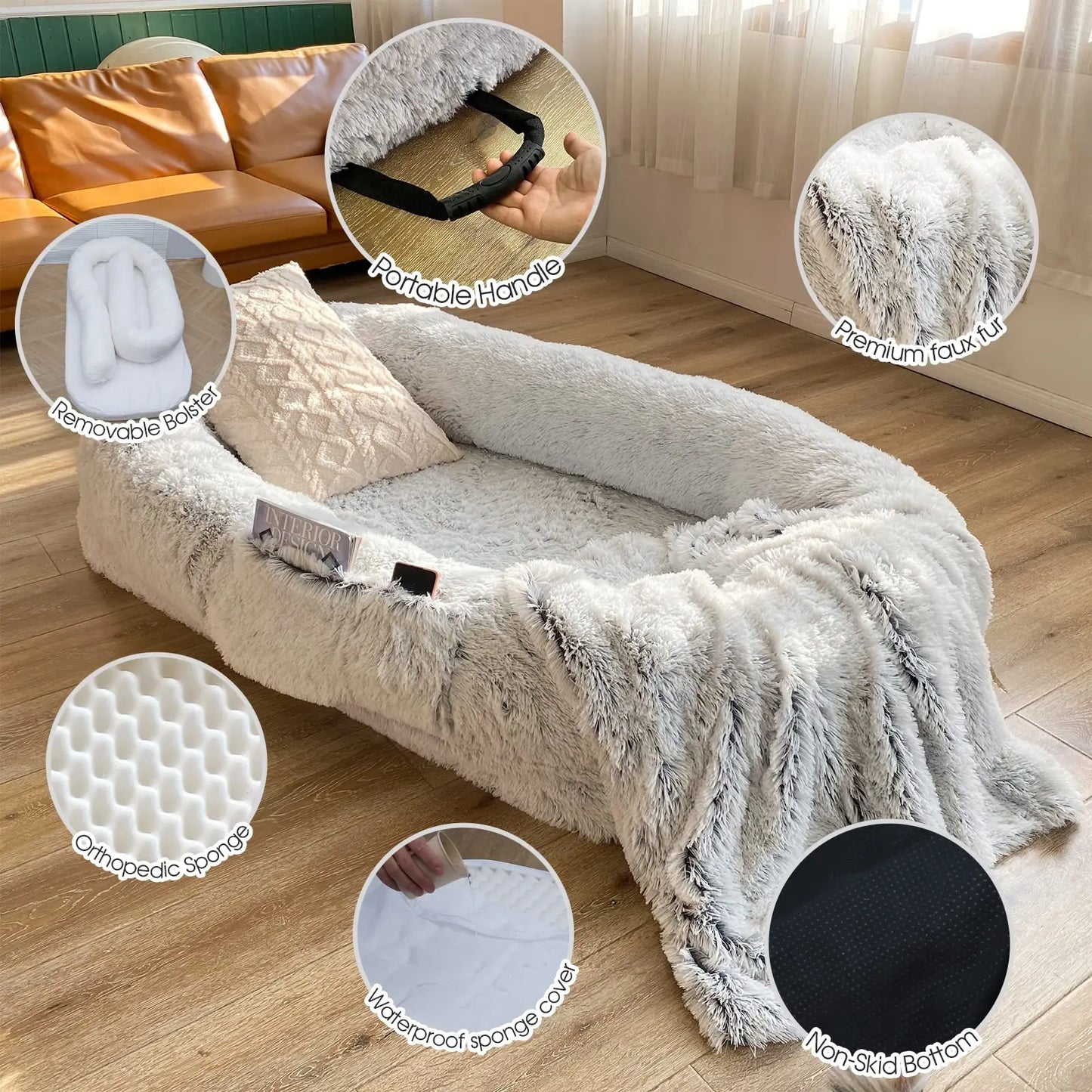 Human Dog Bed, 71''x45''x12'' Size Fits You  Washable Faux Fur Doze Off, Napping Orthopedic