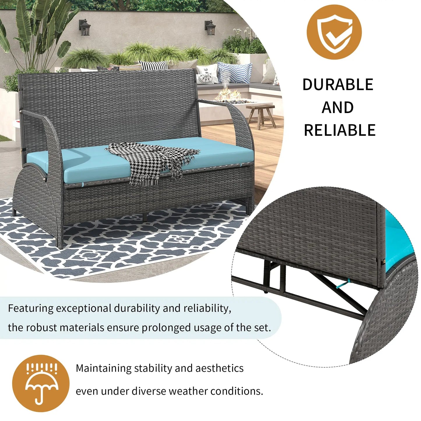 Outdr Rattan Loveseat Convertible Picnic Upholstered Bench Table Patio Convertible,4 Seats,1 Table