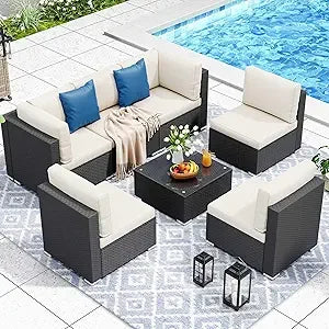 Patio Furniture Wicker Bistro Set, 4-Piece All Weather Rattan Conversation Loveseat Sets