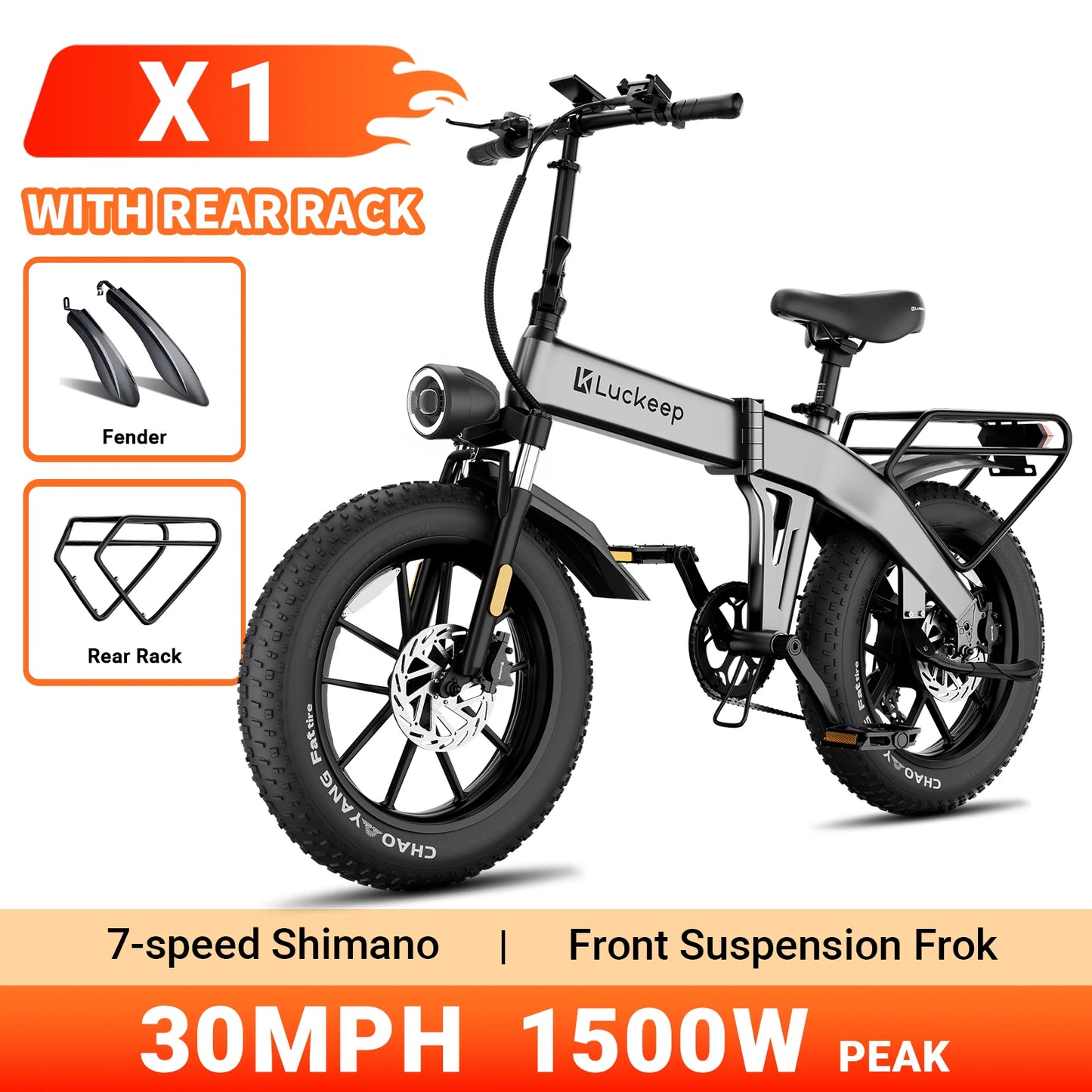 X1 Folding Electric Bike Adults 1500W Peak Motor,30 60 Miles,720WH Battery 20" x 4.0" Fat Tire Fold