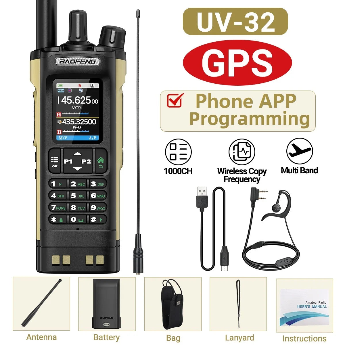 GPS Walkie Talkie 10W Long Range Multi Band Bluetooth APP Programming Wireless Copy Frequency Type-C