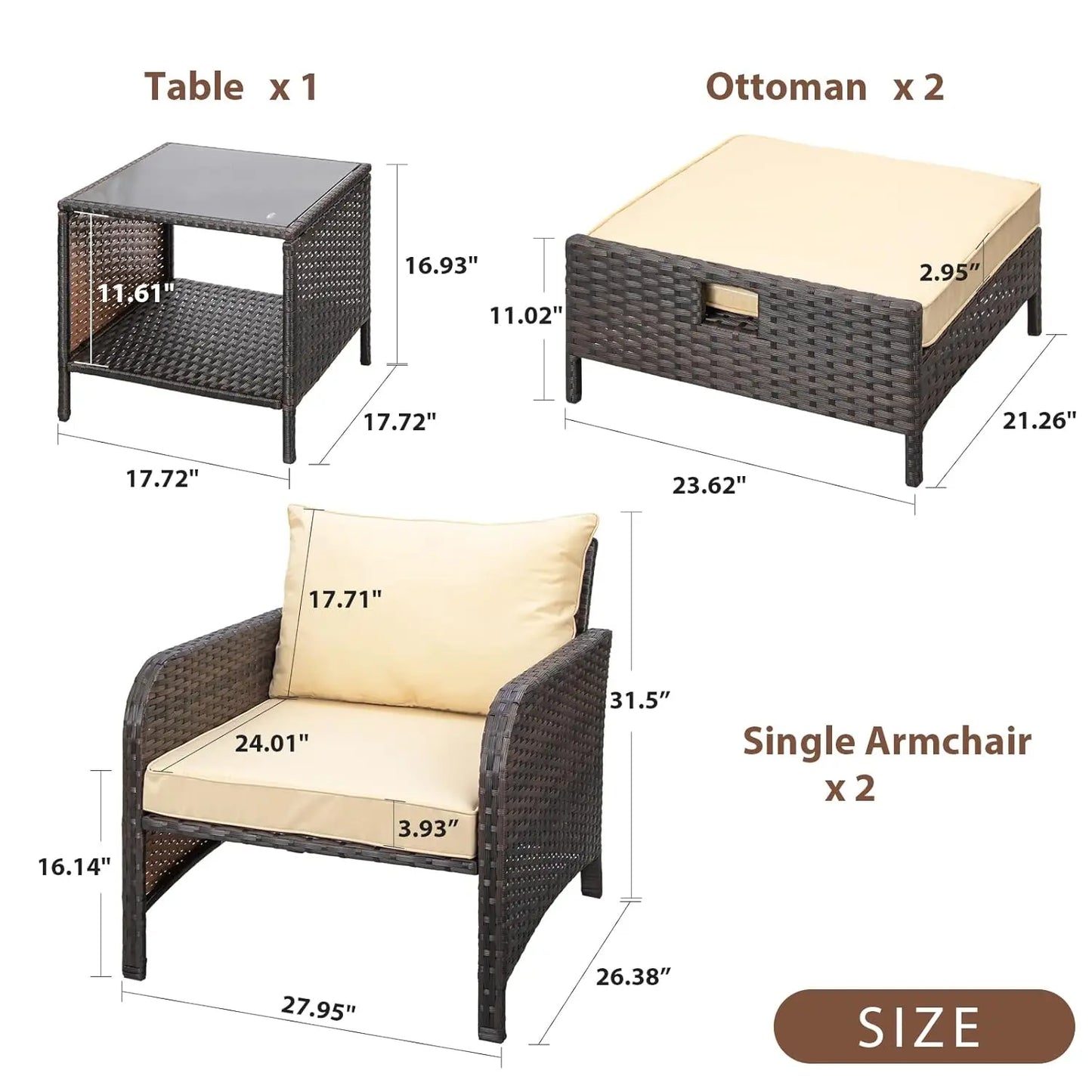 Balcony Furniture 5 Piece Patio Conversation Set, PE Wicker Rattan .Soft Cushions 2, Customized