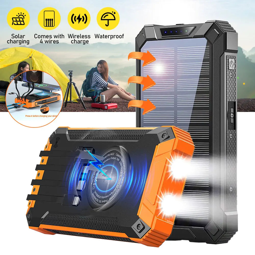 Solar Power Bank Ultra Large Capacity USB 4 in1 Super Fast Charging Built in Cables TypeC LED Light