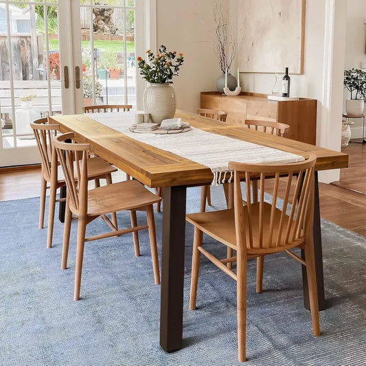 Acacia Wood Dining Table 6-Person Indoor Outdoor Table,Iron Legs, Sandblast Finish, Natural Stained