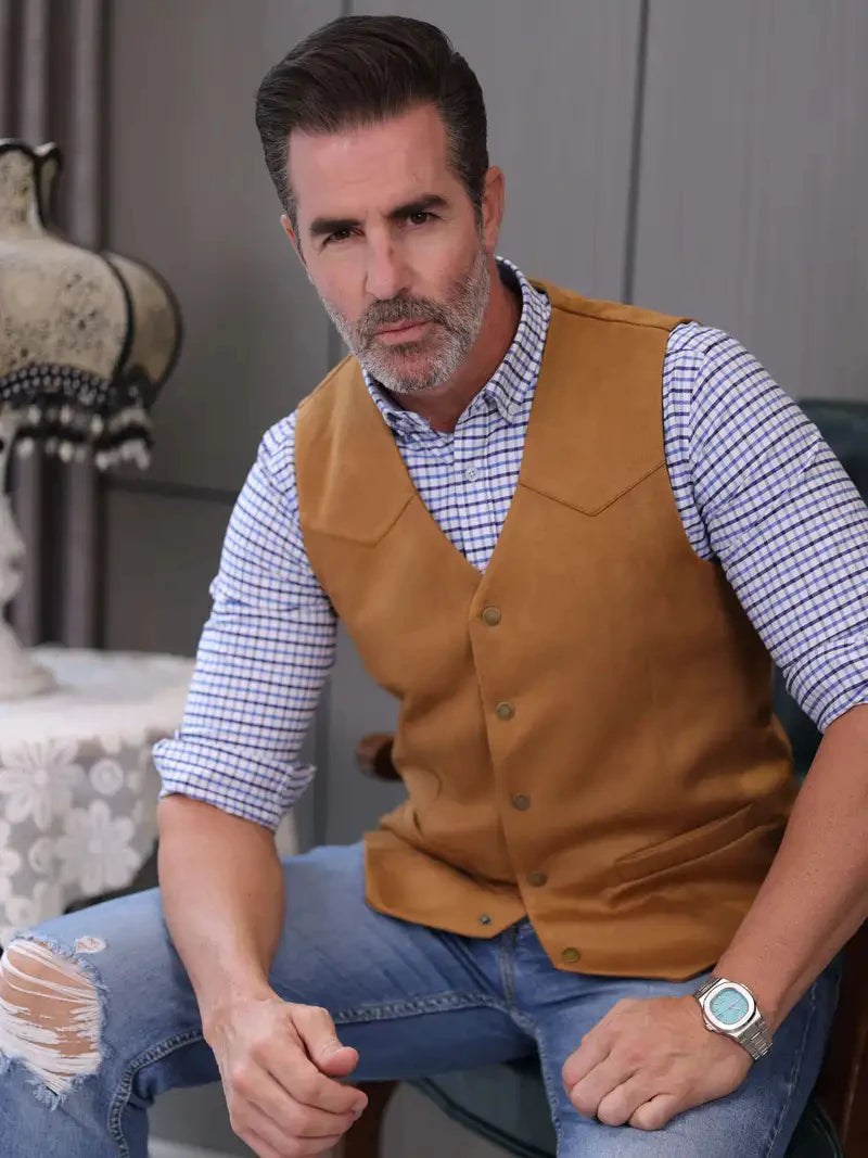 Vintage Suede Leather Men's Vest Slim Fit Sleeveless Jacket V-Neck Regular Fit Suit Vest Waistcoat