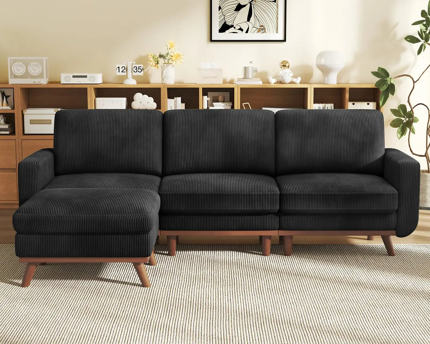 INDOOR 97" L-Shape Modular Sectional Sofa 3-Seat Corduroy Movable Otto green,black, Customized
