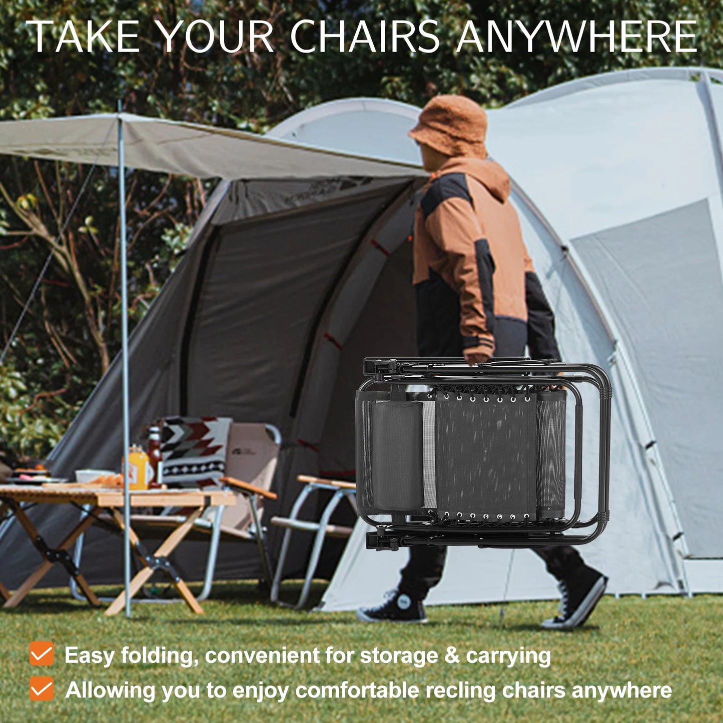 Zero Gravity Set 2 Portable Recliner Camping Patio Outdoor Chair,Cup Holder Trays Adjustable Pillow