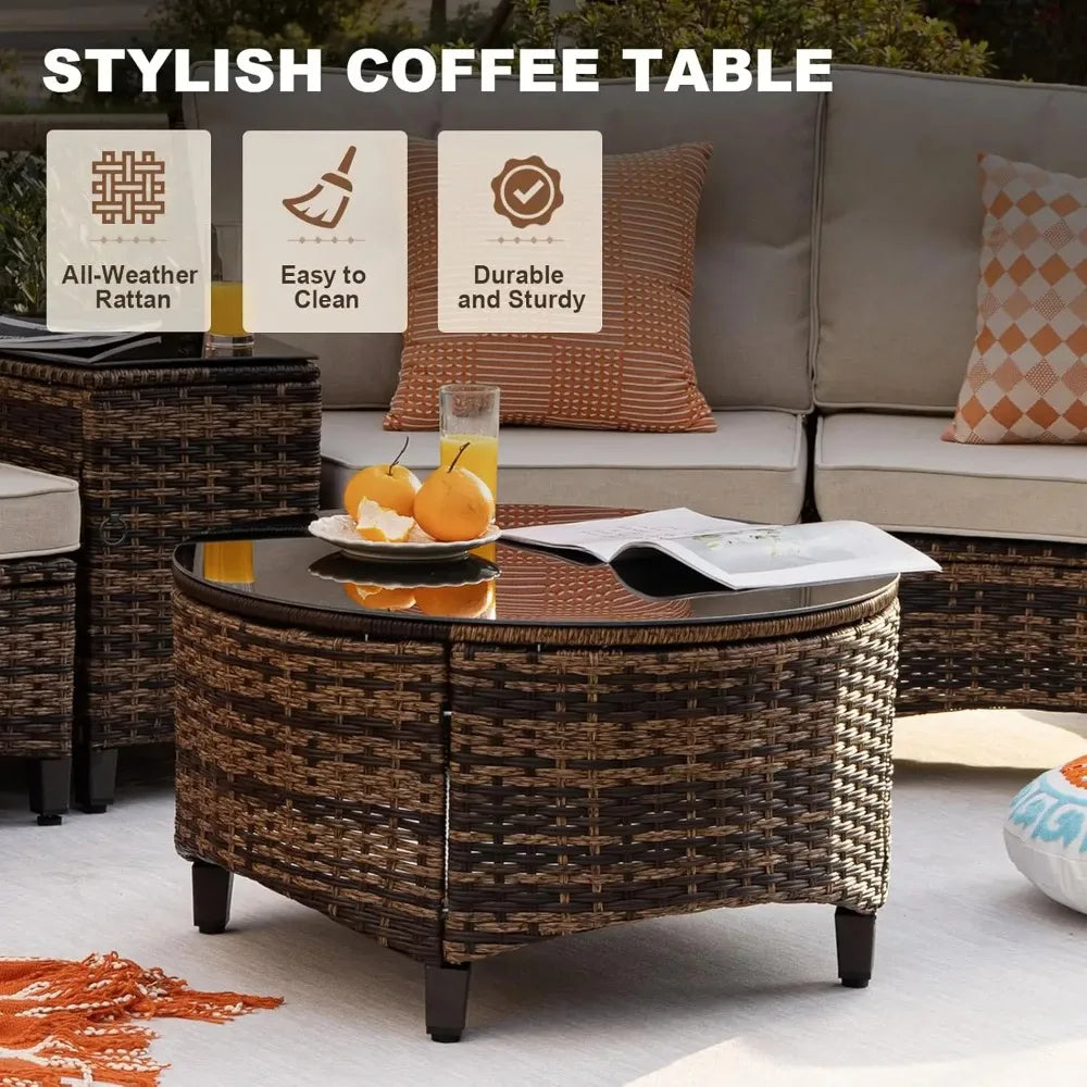 9 Piece Outdoor Patio Furniture Set, Half-Moon Curved Sectional Sofa Rattan Patio Conversation