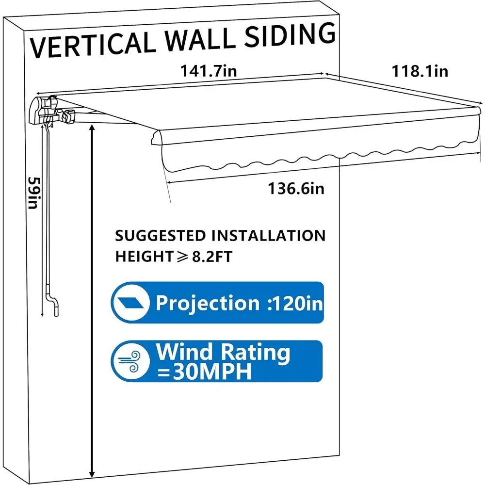 12'x10' Retractable Terrace Awning, Deck Outdoor Shelter,Hand Crank, 120" Projection, Outdoor Awning