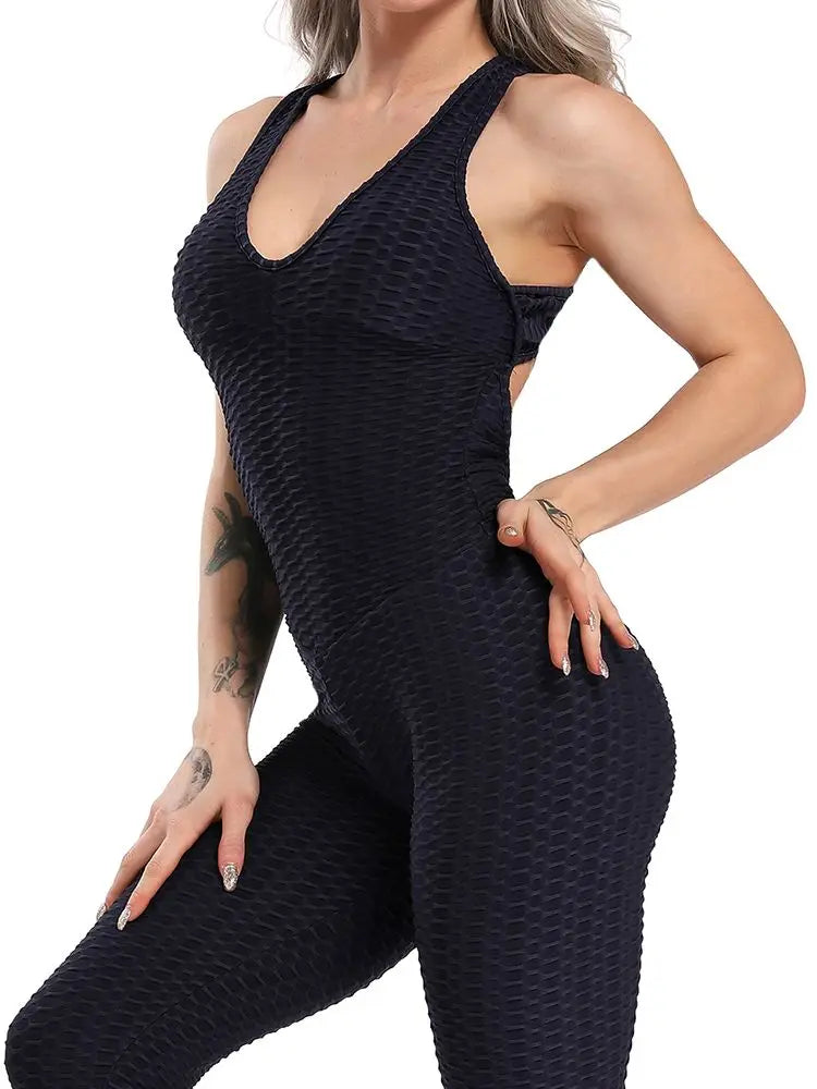 Women Jumpsuit Sleeveless Backcross Short Bodysuit Jacquard Backless Workout