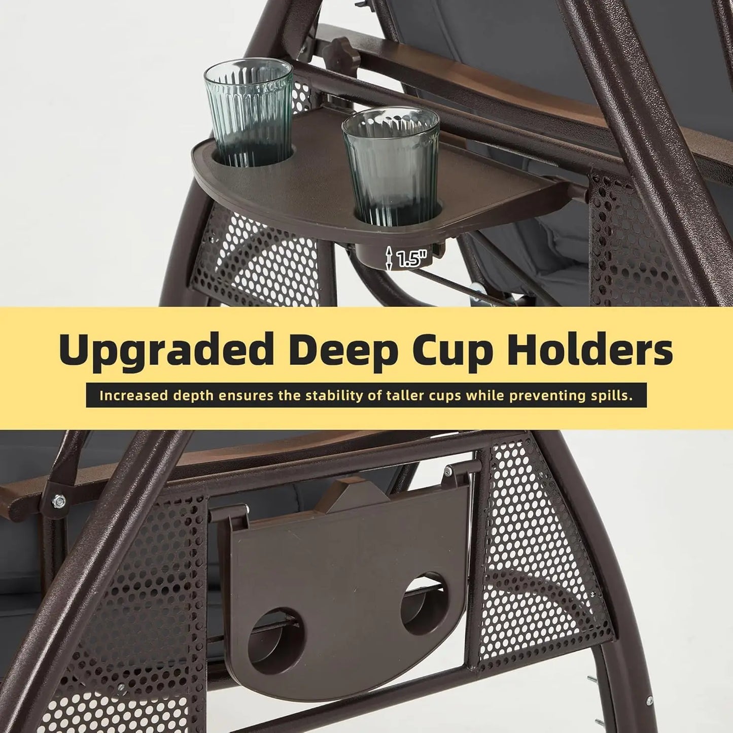 3 Person Outdoor Porch Swing,1.5" Upgraded Cup Holder, Adjust Canopy, Backrest, Patio Swing Bed