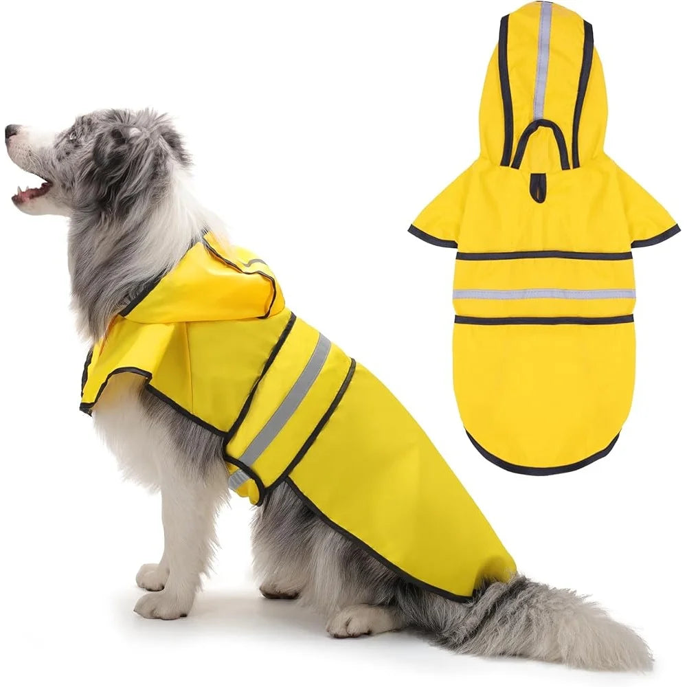 Dog Raincoat Waterproof Hooded, Reflective Stripes Leash Hole Adjustable Fit Lightweight Durable