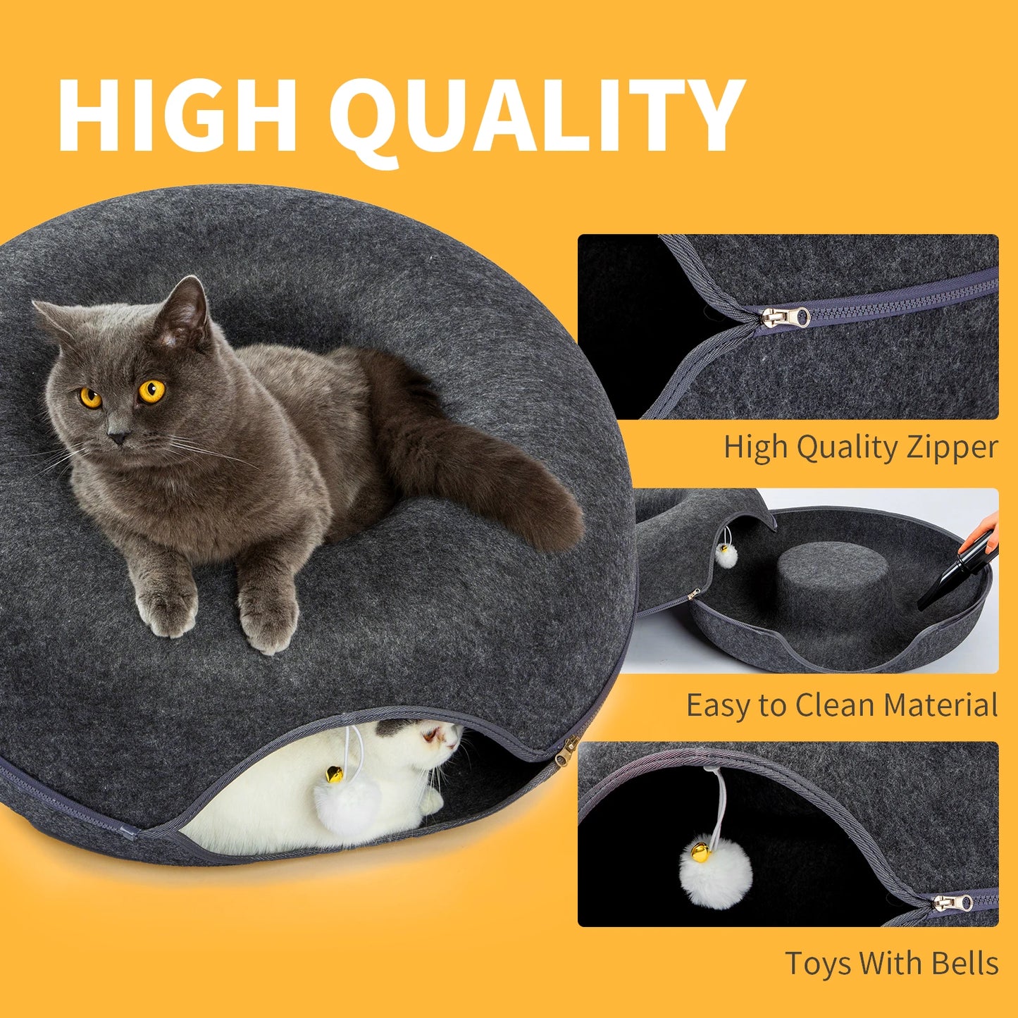 24"Large Donut Cat Bed Peekaboo Cat Cave for Multiple Cats Up to 30 Lbs, Washable Wool Felt Tunne
