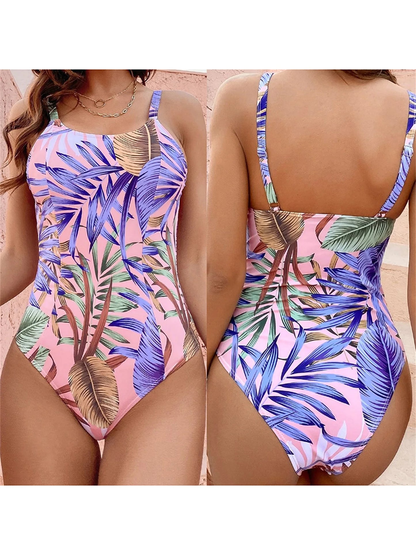 Women s Tropical Print Sleeveless Romper Swimsuit with Cutout Detail and Adjustable Straps