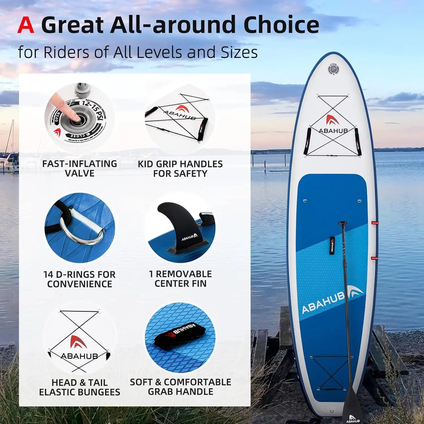 Inflatable SUP, Wide 10'6" x 31"/34" x 10'6" iSUP, Blue with Adjustable SUP  Paddle