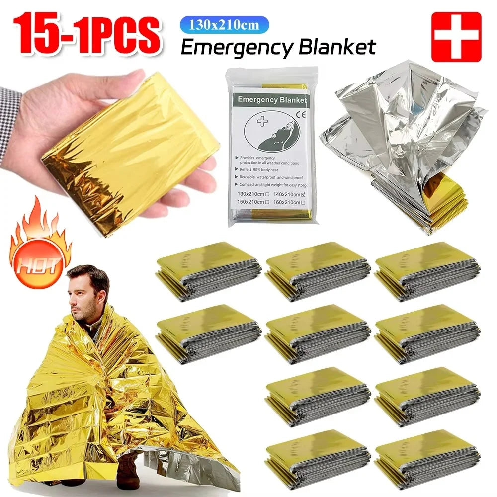 15-1Pcs Emergency Thermal Blanket Waterproof Windproof Sunshade Rescue Blanket survive Mat Pad