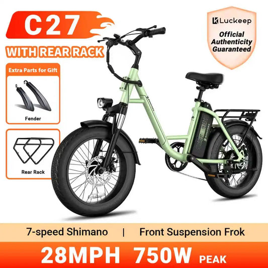 C27 E-Bike, Adults 750W Peak, 28MPH Removable 624WH Battery Ebikes, 20" Fat Tire