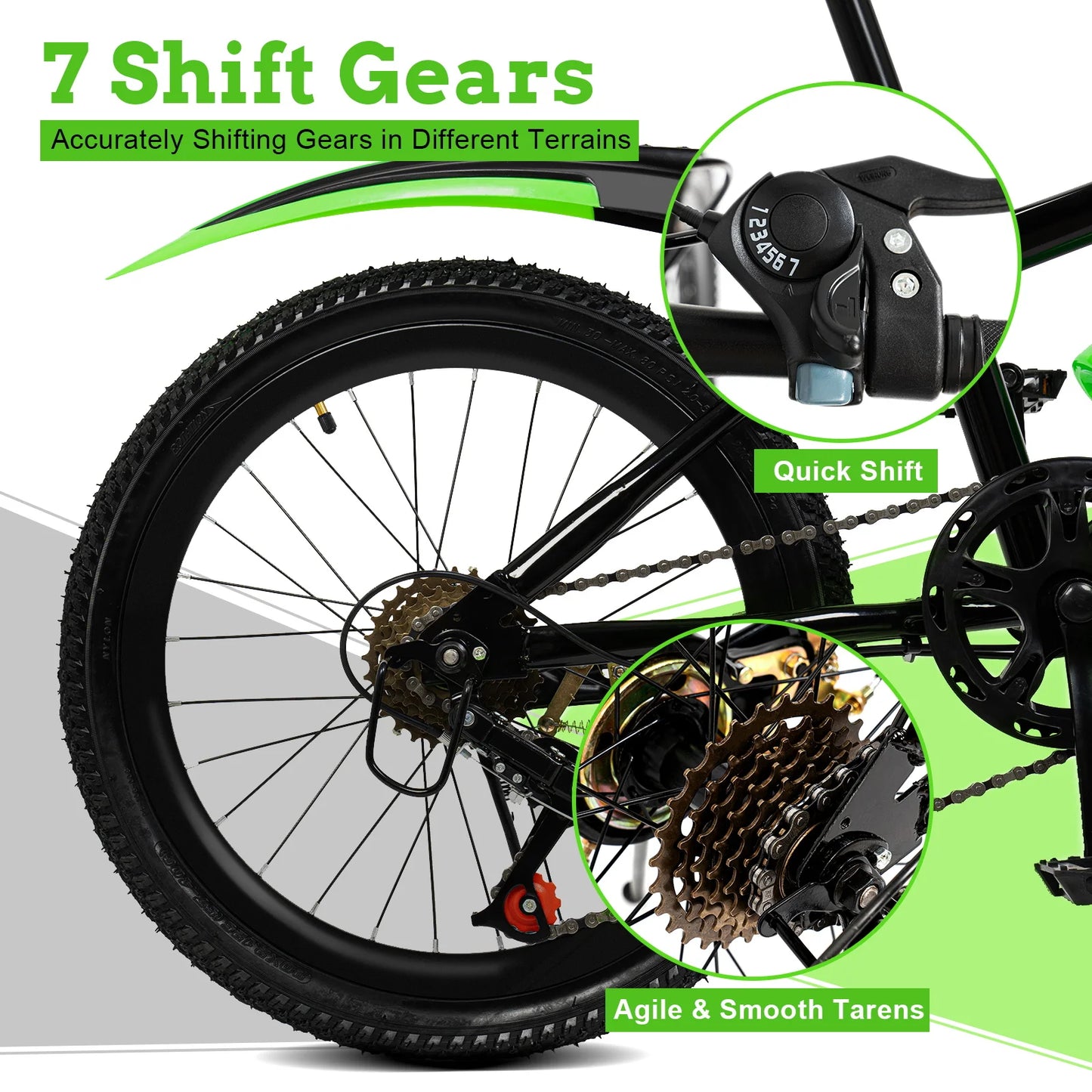 20In Mountain Bike 7 Speeds Adjustable Height Boys, Girls MTB Bicycle with Double Disc Brake