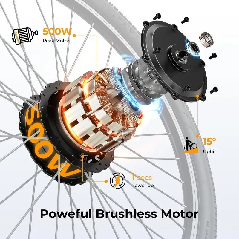 Electric Bike, Adults,Peak 500W Brushless Motor, 40Miles 20MPH Commuting Mountain Bike with 360Wh