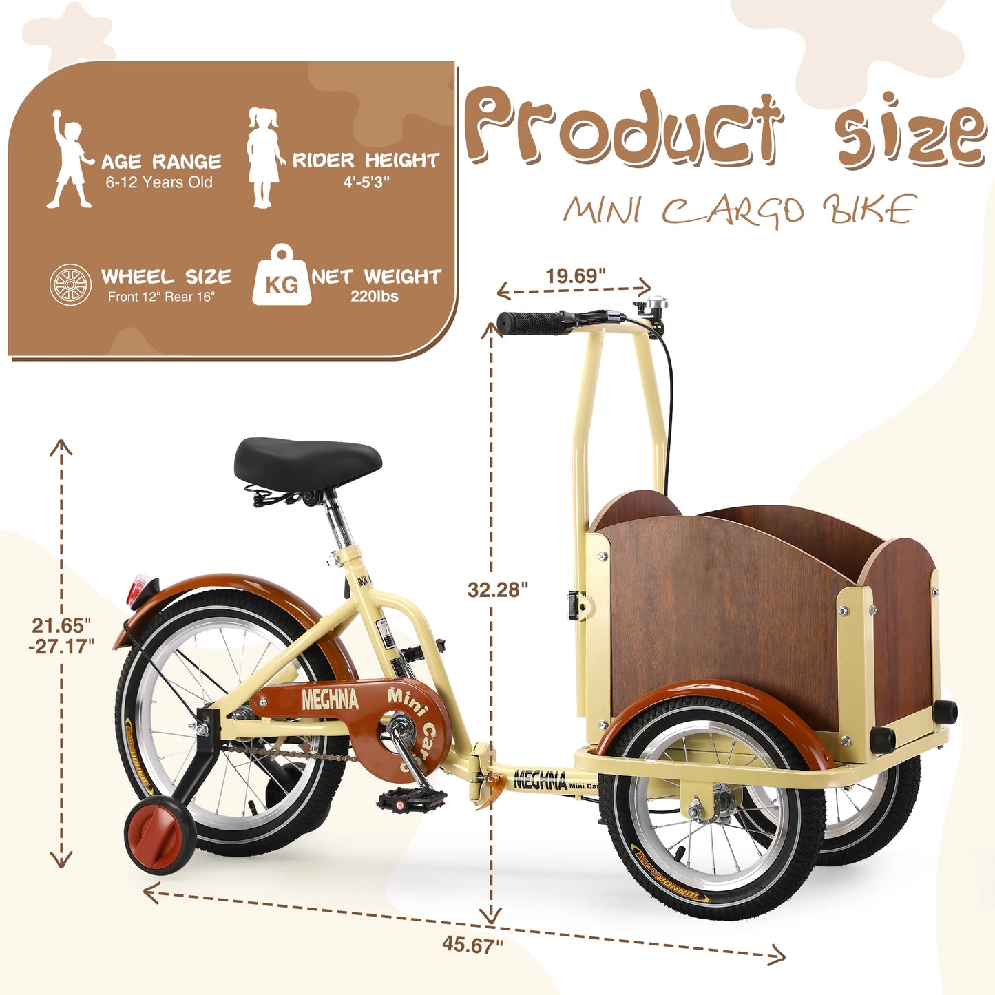 Foldable Tricycle for Kids Ages 6-12 Cargo Bike Pet Bike Reverse Tricycle  Parent-Child Bike