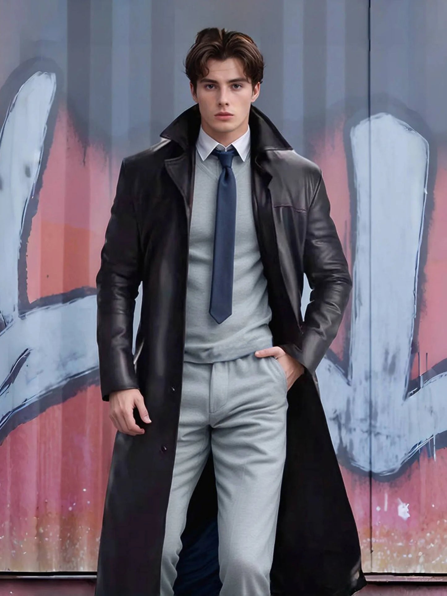 Men s Faux Leather Jacket Classic Lapel Collar Long Sleeve Button Closure Windproof Fall Winter
