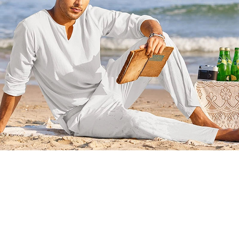 Cotton Linen Solid Color Long Sleeve Henley Shirt Elastic Waist Drawstring 2 Pieces Loungewear Set