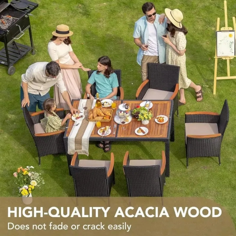 HOT-Dining 7 PCS Furniture, Patio Conversation Set, Acacia Wood Table Top, Rattan Outdoor, Black