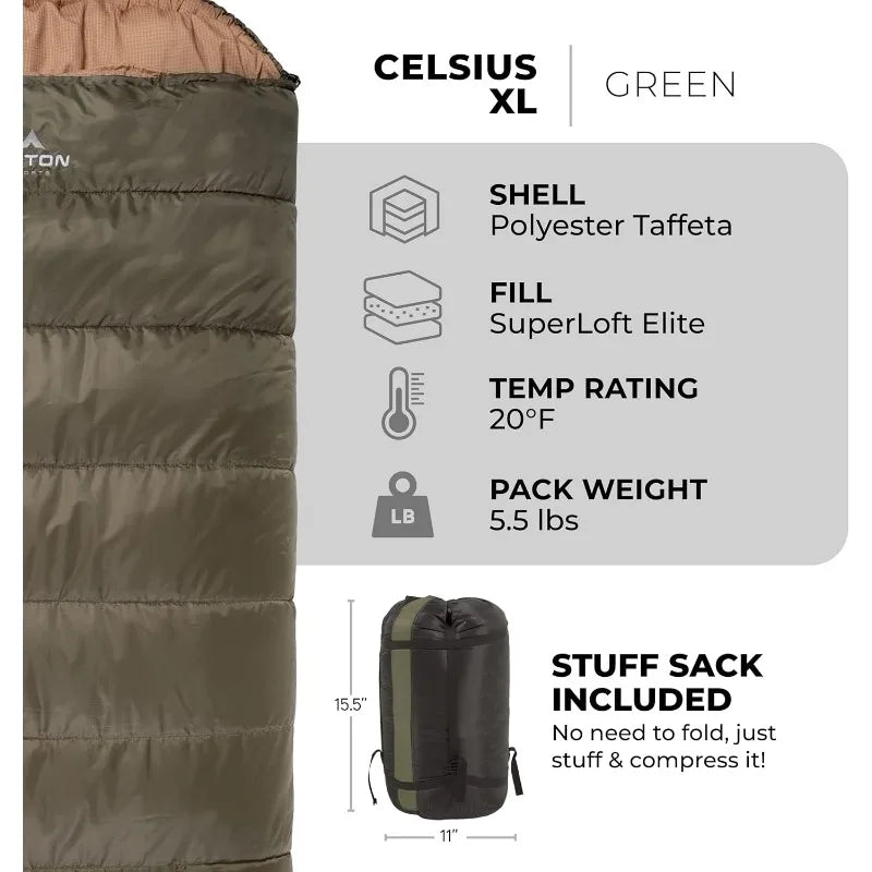 XL, -25F, 20F, 0F Degree Sleeping Bags, All Weather Warm , Adults and Kids, Camping Season