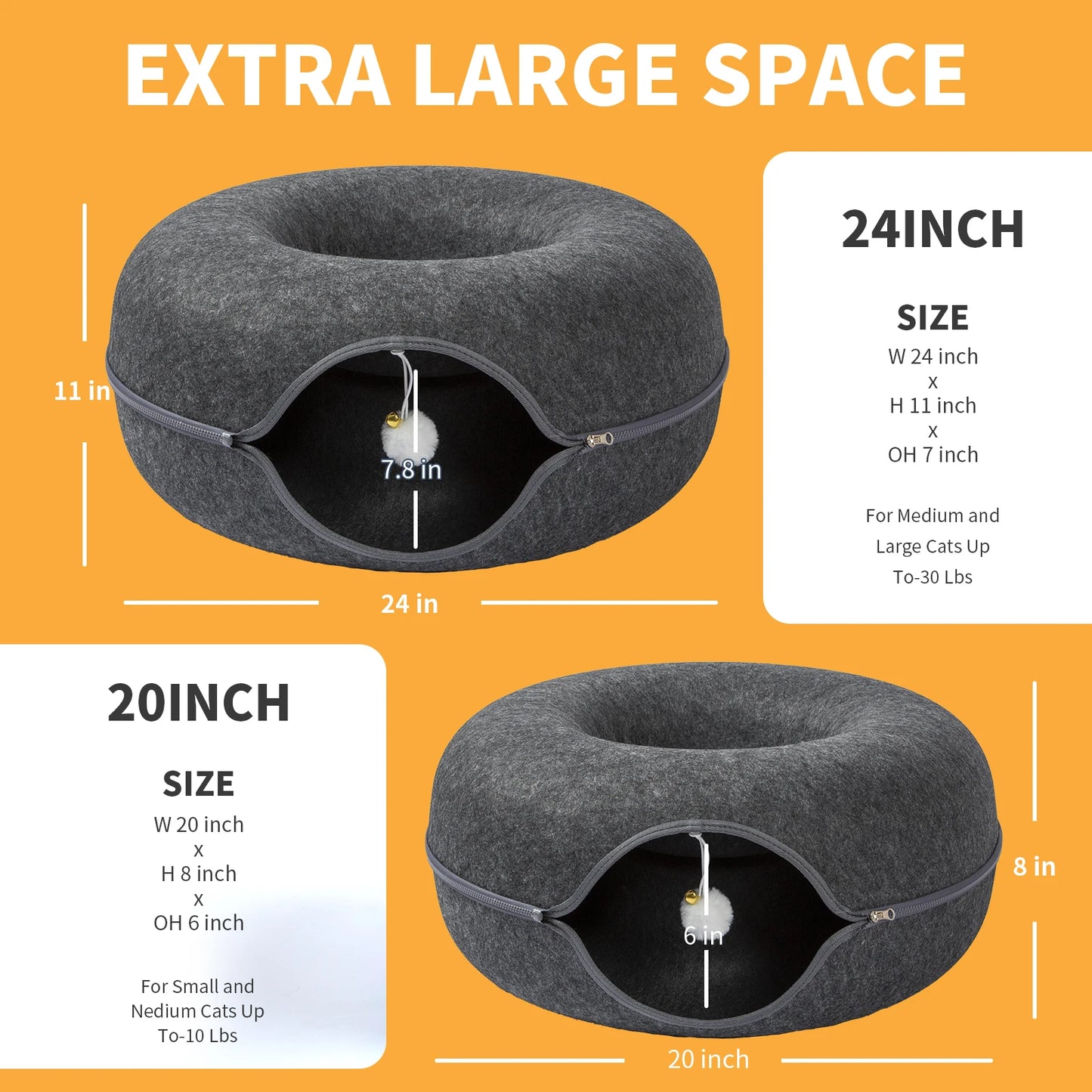 24"Large Donut Cat Bed Peekaboo Cat Cave for Multiple Cats Up to 30 Lbs, Washable Wool Felt Tunne