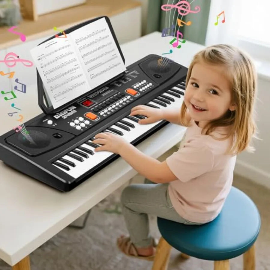 61Key Piano Keyboard, Beginners Rechargeable Electronic Music  Builtin Music Stand Microphone LED