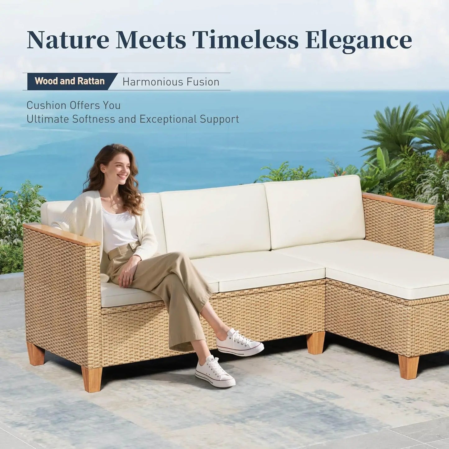 Small Patio Furniture Set, 3 Piece Wicker Outdoor Patio Conversation Set, Outside L-Shaped Sectional