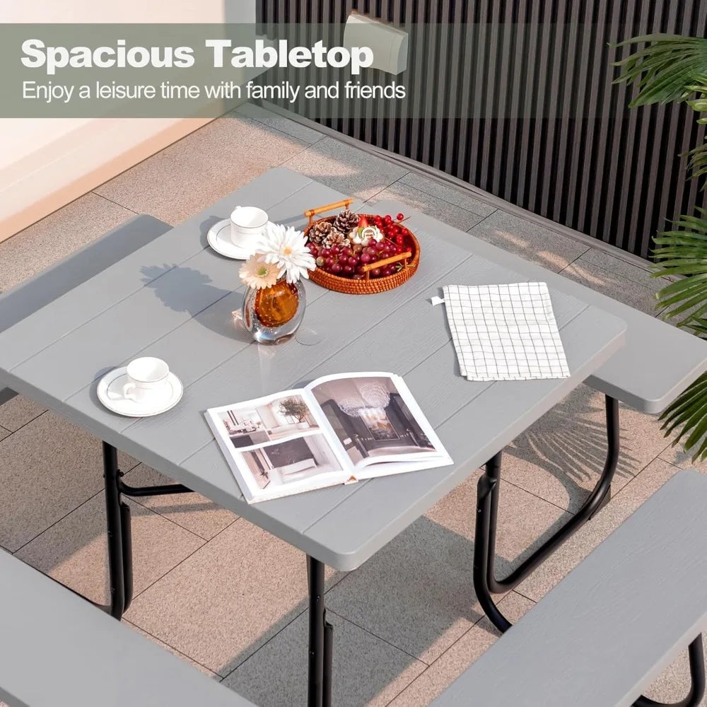 8 Person Picnic Table, Outdoor Square w/ 4 Built-in Benches, Umbrella Hole, Metal Frame & Tabletop,
