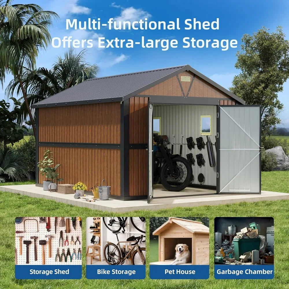 10x12FT Outdoor Storage Shed, Metal, Lockable Doors/ Windows, Large Tool Shed for Backyard, Patio