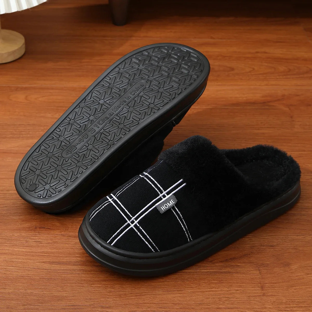 Men Home Slippers Plaid Memory Foam Winter Plush Warm Non-Slip Black Large size 50-51 Fashion
