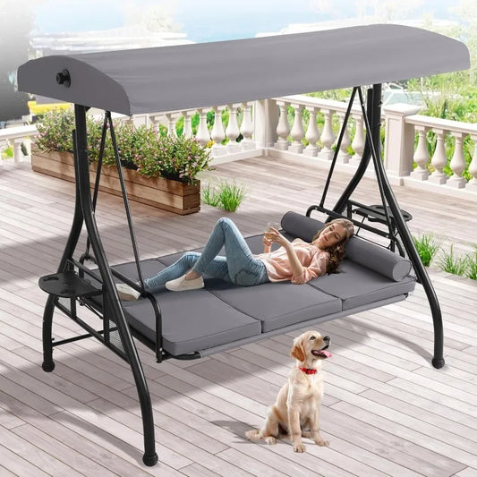 Outdoor Porch Swing,Canopy & Stand, 3 Person, for Adults, Convertible 2 in 1 Porch Bed Swing w/ Cup