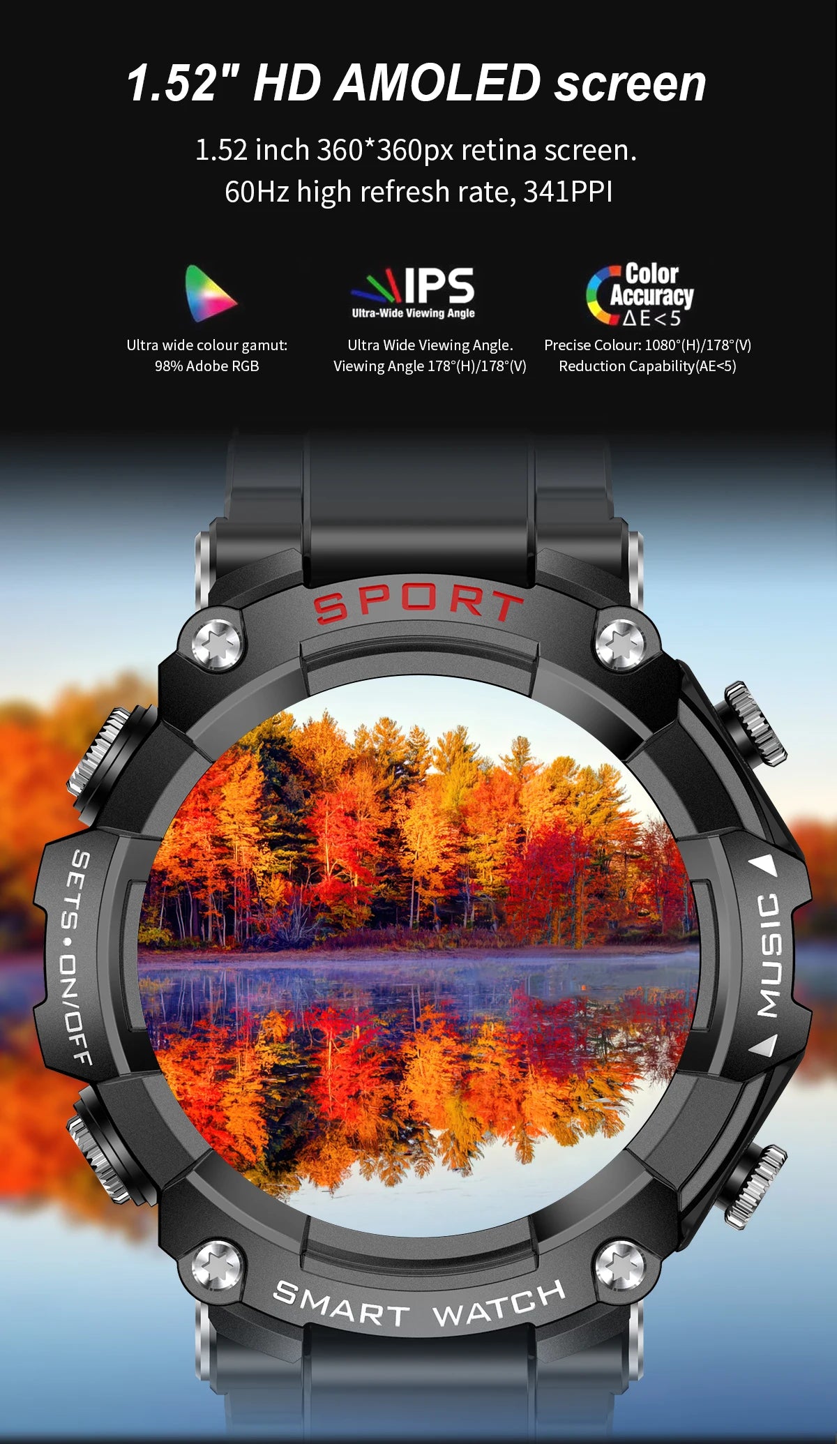 Smart Watch AMOLED Display In-Ear Bluetooth Headset Heart Rate Blood P, Oxygen Sat. Monitoring HD