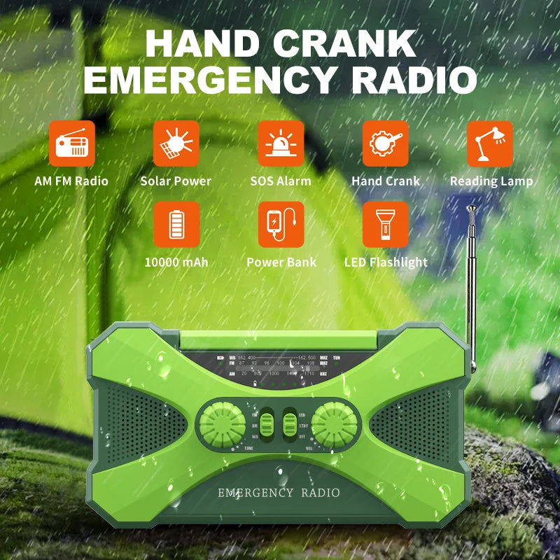 10000mAh charger High Capacity Emergency Radio Solar Hand Crank LED Flashlight SOS Alarm Survival