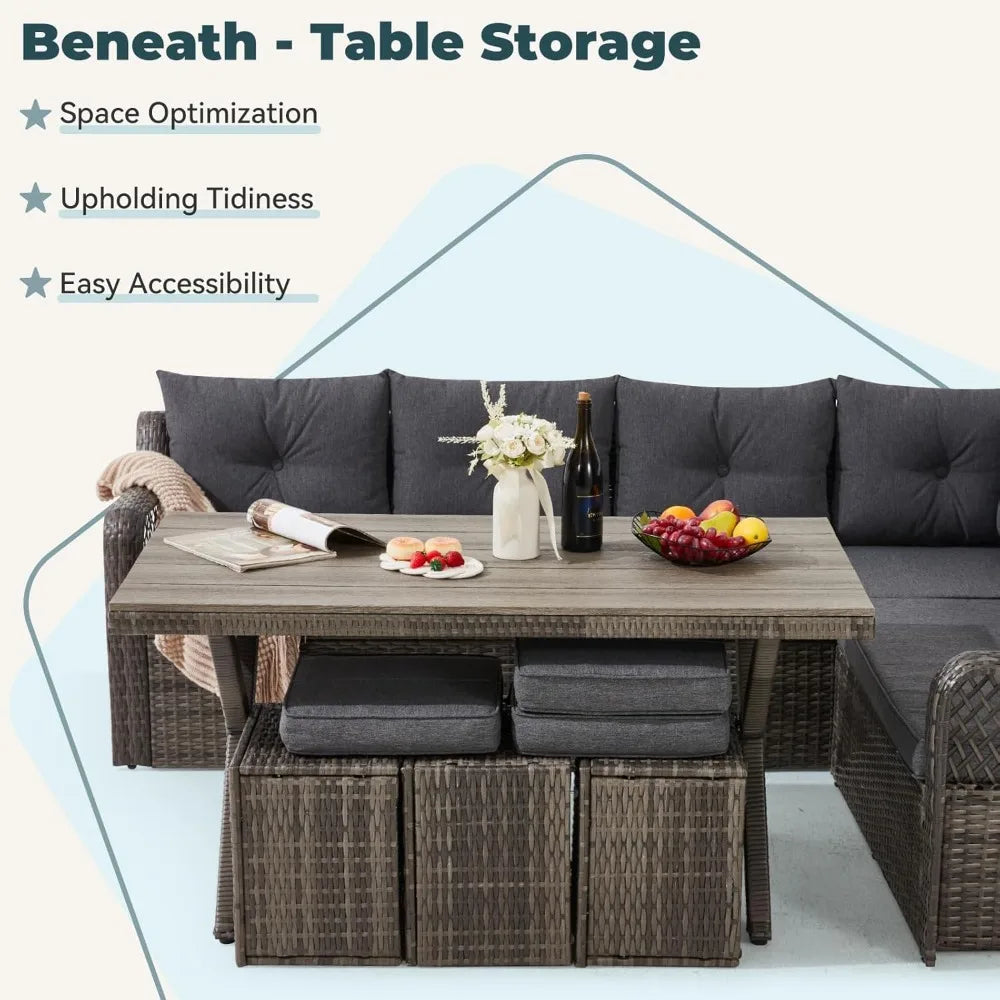 7 Pieces Patio  Dining Set, Patio Dining Sets with HDPE Table & Chairs, Ottamans for Garden, Deck