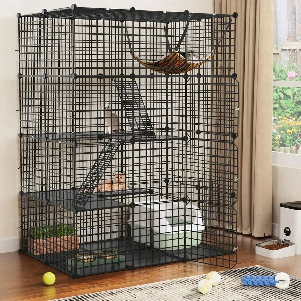 4-Tier Large Cat Cage Enclosure Metal Wire Kennel Playpen Catio with Hammock