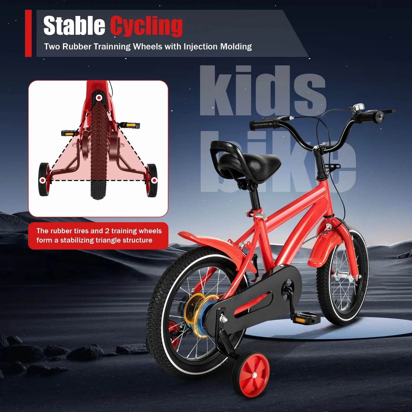14 Inch Red Modern Children Bicycle with Adjustable 2 Training Wheels 110lbs Children's Exercise Bicycle for Boys and Girls