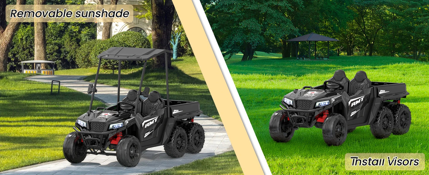 24V Kids Ride on Toys, 2 Seater Car Truck w/Sun Shade, Dump Bed & Shovel, 4WD Electric Ride