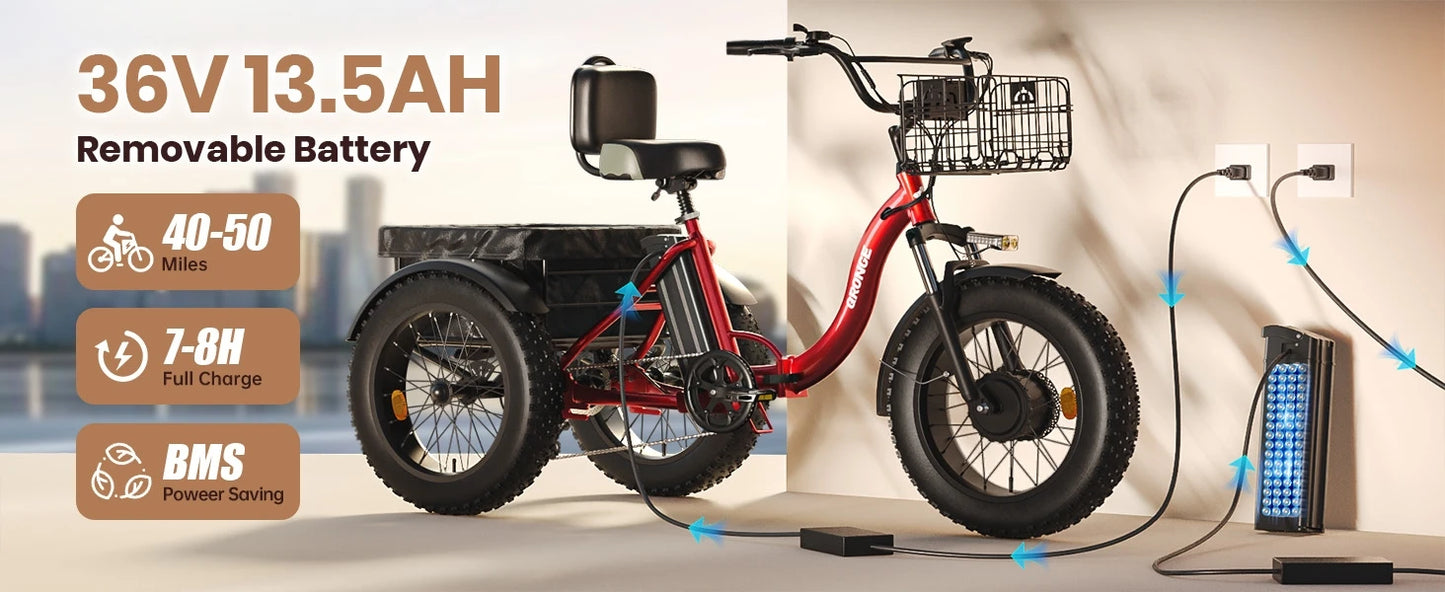 E-tricycle/Bike, Adults 960W Peak 36V 13.5AH Battery Folding 50 Miles Range Fat Tire,carry goods