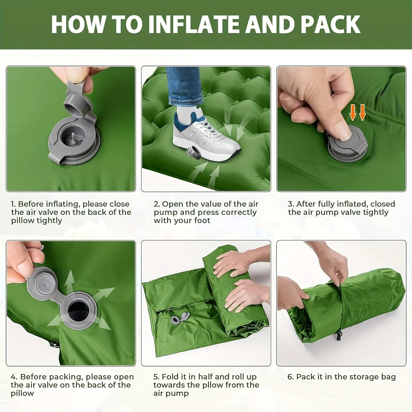 Outdoor camping super thick 4-inch inflatable sleeping mat, built-in pillow and pump