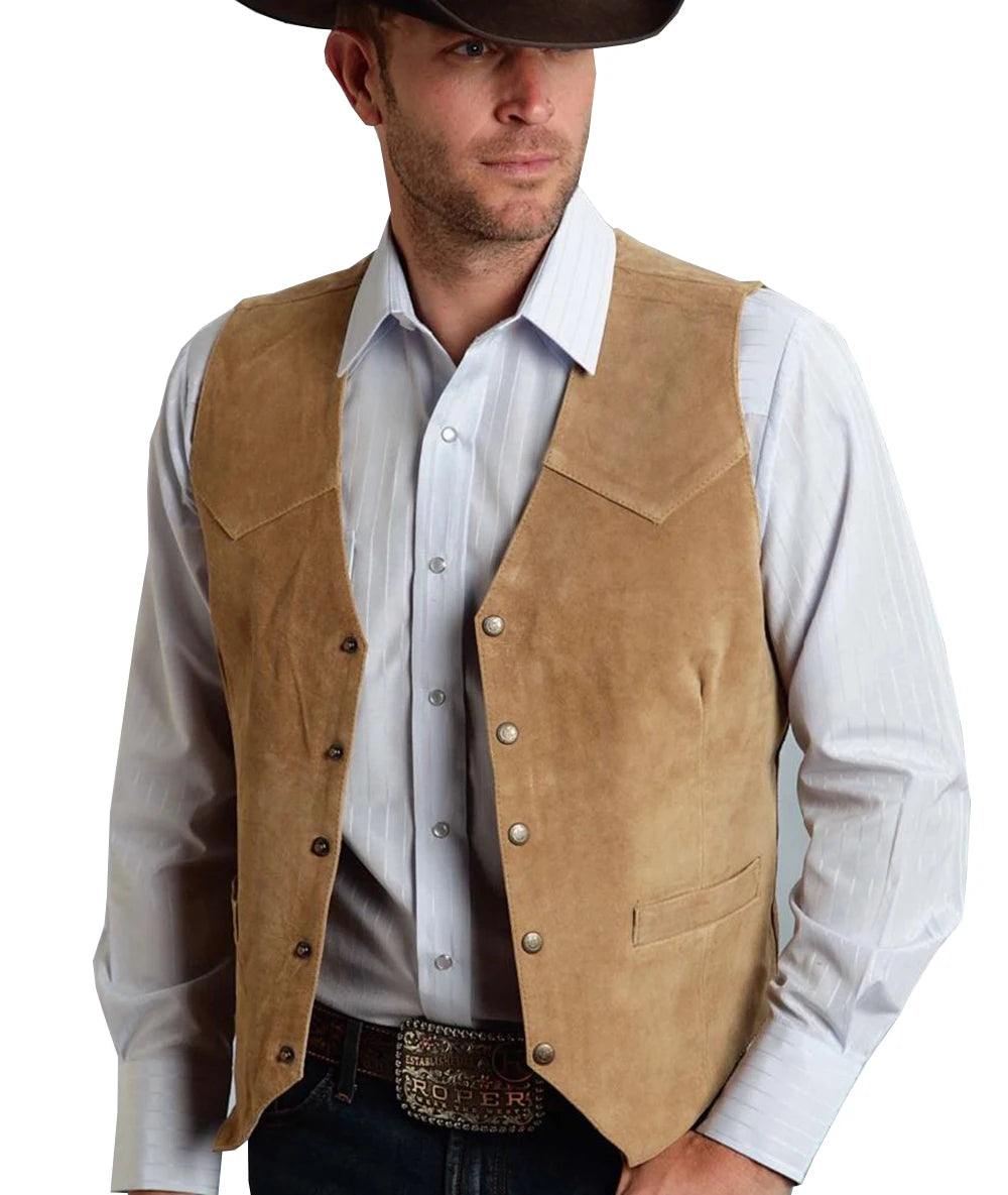 Vintage Suede Leather Men's Vest Slim Fit Sleeveless Jacket V-Neck Regular Fit Suit Vest Waistcoat