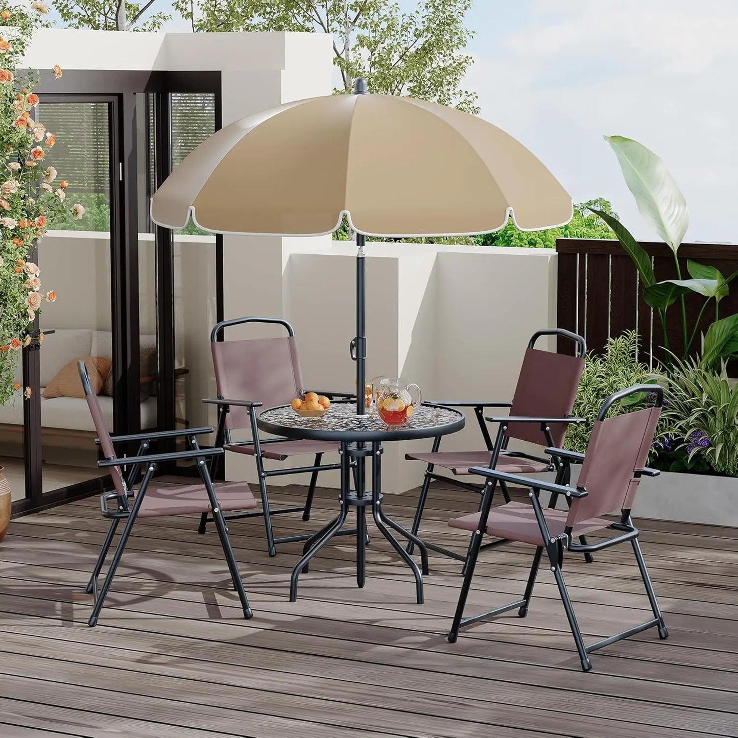 6 Piece Patio Dining for 4, Umbrella, Outdoor Table & 4 Folding Dining Chairs & Round Glass Table