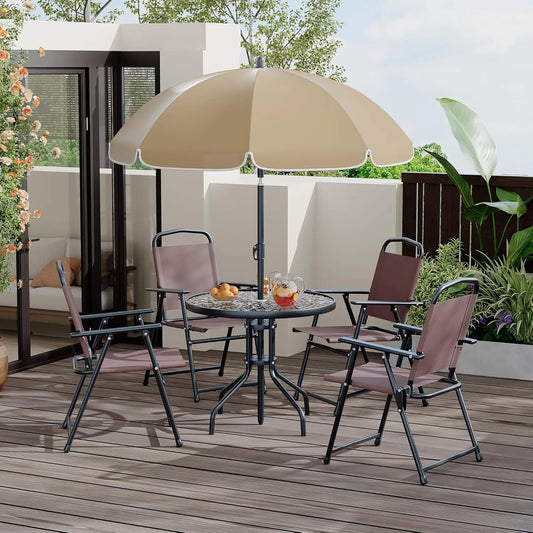 6 Piece Patio Dining for 4, Umbrella, Outdoor Table & 4 Folding Dining Chairs & Round Glass Table